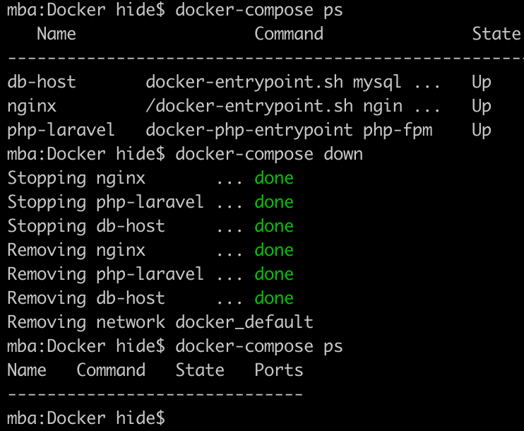 docker-compose downで動いているコンテナを一括削除