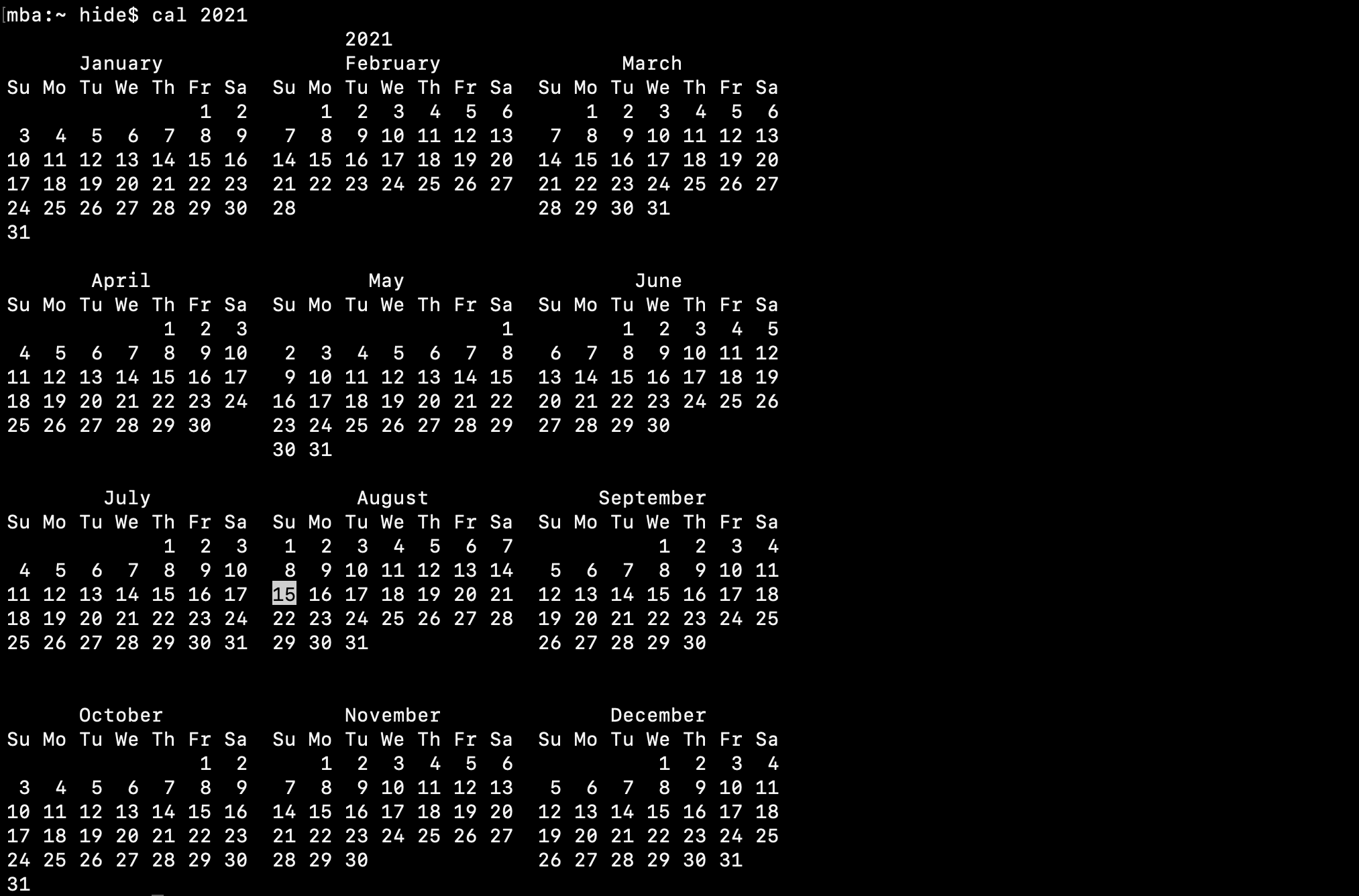 cal 一年間のカレンダー