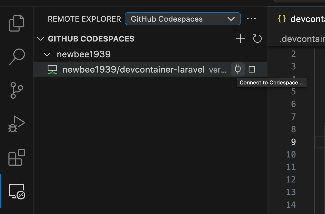 Remote ExplorerにGitHub Codespacesが表示されるので、接続する